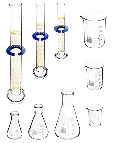 QWORK Lab Glassware Set, Beaker Flask Cylinder Set, 9 Pieces - Includes 3 Erlenmeyer Flasks, 3 Beakers, & 3 Grade A Graduated Cylinders - Borosilicate 3.3 Glass