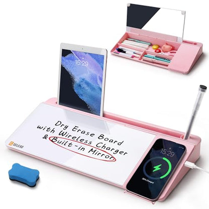 SELEAD Desktop Glass Whiteboard with Wireless Charger and Mirror, Pink - color: Pink, size: 16"x7"