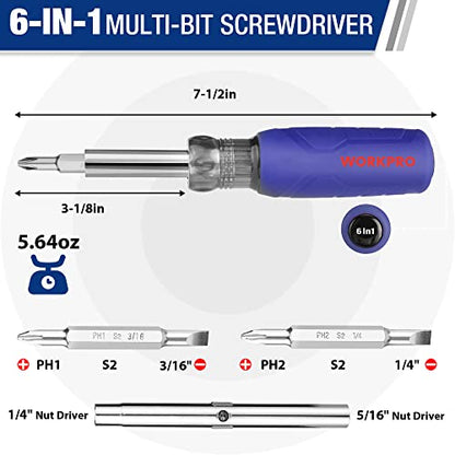 WORKPRO 6-in-1 Basic & 4-in-1 Electronics Screwdriver/Nut Driver Set Tool Confort Grip, 2PCS Portable Screw-driver, 8 Basic & Precision Bits (Philips/Slotted), 2 Nut Driver Sizes - size: One Size