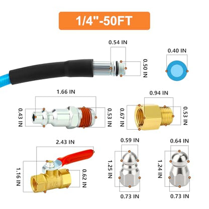 GASHER 50feet Home Dryer Vent Duct Cleaning Kit, 2 Jetter Nozzle, 1/4" NPT Ball Valve, 1/4" NPT Air Plug, 1/4"NPT Reducer Adapter - size: 50feet