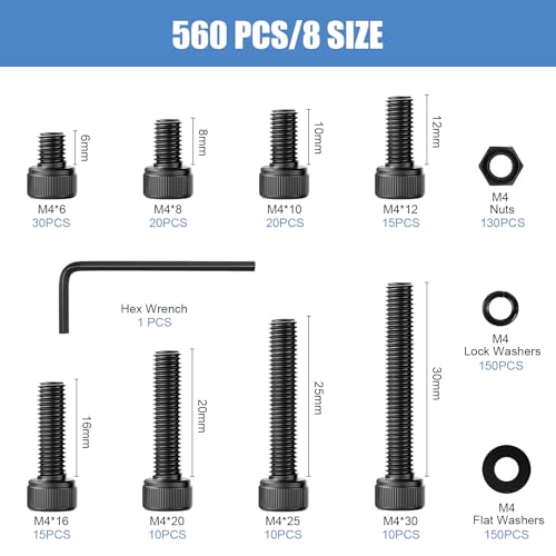 560PCS 8 Sizes M4 Screw Kit, M4 Screws Grade 12.9 Alloy Steel, 6MM to 30MM - size: M4-560PCS