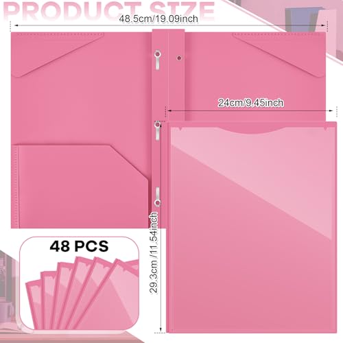 Henoyso 48 Pcs Plastic Folder with Clear Front Pocket and 3 Prongs Heavy Duty Plastic Folders with Card Slot Pocket Folders with Prongs for School Office Home(Pink) - color: Pink