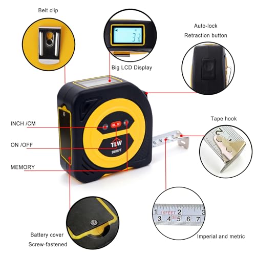 TLW Digital Tape Measure 16ft/5m, 25mm Wide Blade, Easy Read LCD Screen