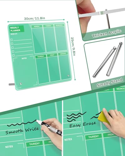 Desktop Thickened Acrylic Dry Erase Board, Weekly White Board with to Do List, Tabletop Whiteboard with Stand, Frameless Dry Erase Green Board，9.8"x11.8" for Office, Home, School(Desktop-GRN-2530) - color: Green, size: 12"W x 9.8"H