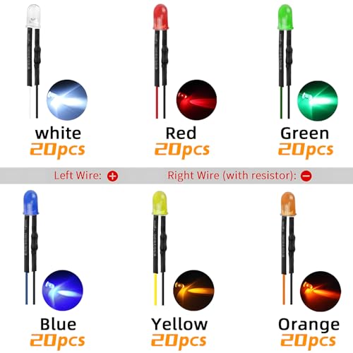 120pcs 12v Led Diode Lights 5mm,Pre Wired Led Light Emitting Diodes Kit White Red Blue Green Yellow Orange - color: 6colors(120pcs)