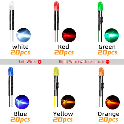 120pcs 12v Led Diode Lights 5mm,Pre Wired Led Light Emitting Diodes Kit White Red Blue Green Yellow Orange - color: 6colors(120pcs)