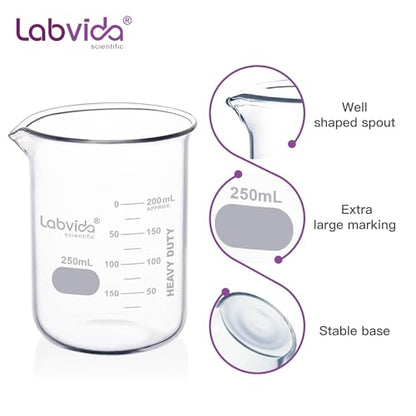 12pcs 250ml Upgrated Thick Glass Beakers, Griffin Low Form Beaker Set with Double Scale, 3.3 Boro, LVA023 - style: 12pcs of Vol.250ml