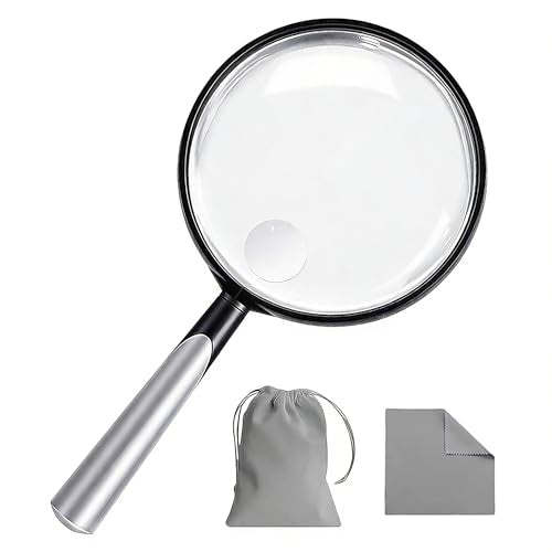 10X 30X Handheld Magnifying Glass for Reading - 110mm Diameter, PMMA Lens, Lightweight ABS Frame, Large Magnifier for Kids Seniors,Suitable for Close Work Hobbies and Science - color: Silver