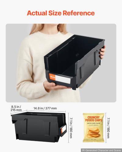 VEVOR Plastic Stackable Storage Bins, 14.8 x 8.5 x 7.1 inch (12 Pack), Plastic Containers for Organizing & Storage Bins for Garage, Small Parts, Office Supplies, Other Accessories, Black & Transparent - size: 14.8 x 8.5 x 7.1 in