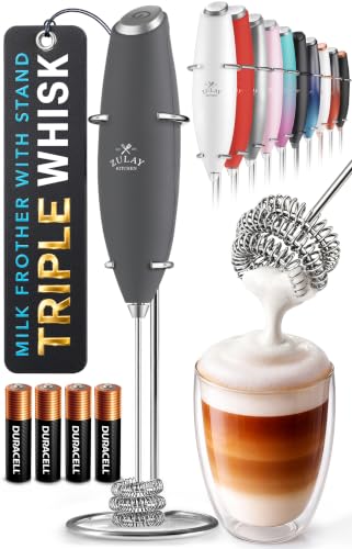 Zulay Kitchen Powerful Milk Frother Wand With Duracell Batteries - Ultra Fast Handheld Drink Mixer - Electric Whisk Foam Maker for Coffee, Lattes, Cappuccino & Matcha - Triple Whisk - Onyx Slate - color: 06 - Executive Gray, size: Triple Whisk + Batteries