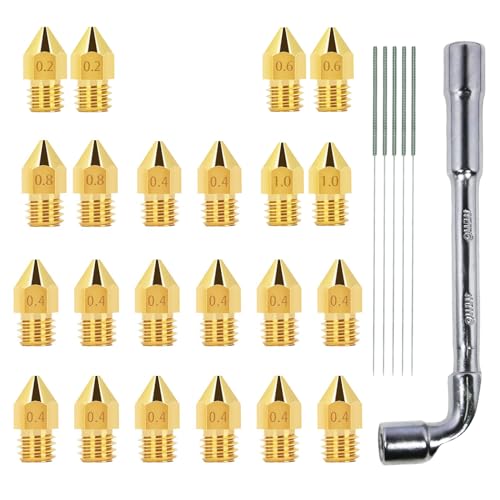 MK8 Nozzles 22 pcs 3D Printer Brass Nozzles 0.2mm, 0.4mm,0.6mm, 0.8mm, 1.0mm CR-10 Nozzle with DIY Tools and Metal Storage Box for CR-8 / CR-10 / Ender 3 / Ender 3S / 5/6 and so on… - size: Various Nozzles