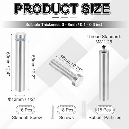 PATIKIL 1/2x2.4" Standoff Screws, 16 Pack Stainless Steel Stand Off Wall Mounts Wall Sign Mounting Hardware Advertising Standoff Nail for Hanging Acrylic Signs Picture Frame, Silver - size: 1/2x2.4"