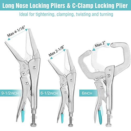 DURATECH 6PCS Locking Pliers, Long Nose Jaw and C-Clamp Vice Grip Pliers