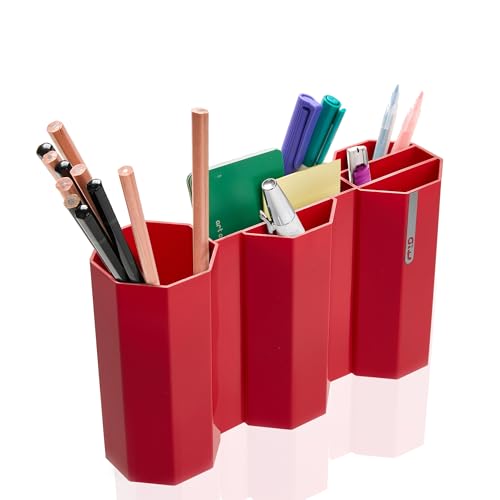 AonT Design Small Desk Organizer - Red Pen Tray & Holder (Multi-Compartment) (Made in Korea) – Modern Office Storage Supplies Organizer and Aesthetic Decor for Accessories - color: Red