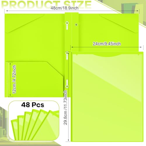 Henoyso 48 Pcs Plastic Folder with Clear Front Pocket and 3 Prongs Heavy Duty Plastic Folders with Card Slot Pocket Folders with Prongs for School Office Home(Fluorescent Green) - color: Fluorescent Green