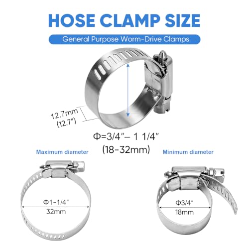 TICONN 12PCS Hose Clamps Set 304 Stainless Steel, 3/4"-1-1/4" Worm Gear - size: SAE #10 12PCS 3/4''~1-1/4"