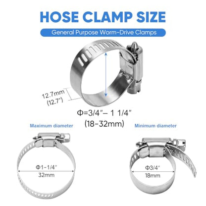 TICONN 12PCS Hose Clamps Set 304 Stainless Steel, 3/4"-1-1/4" Worm Gear - size: SAE #10 12PCS 3/4''~1-1/4"