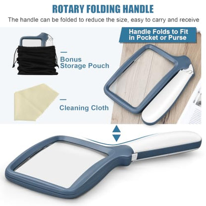Folding Handheld Magnifying Glass with Light, 5X Large Rectangle Reading Magnifier with Dimmable LED for Seniors with Macular Degeneration, Newspaper, Book, Small Print, Lighted for Low Visions Blue - color: Blue