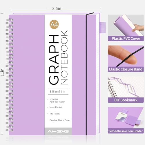 AHGXG Spiral Graph Paper Notebook, 110 Pages, A4 (8.5" x 11") - color: Purple, style: A4-Graph