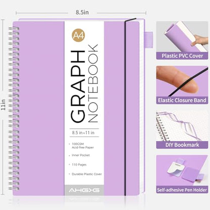 AHGXG Spiral Graph Paper Notebook, 110 Pages, A4 (8.5" x 11") - color: Purple, style: A4-Graph
