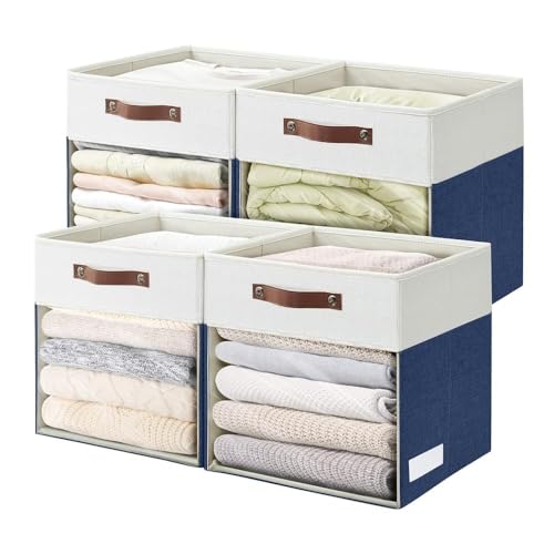 Bagnizer Storage Cubes, 4 Pack Linen Foldable Storage Bins with Clear Window and 2 Handles, 13x15x13 Storage Cube Bins for Shelf Closet, Kallax, Clothes, Books - (Navy Blue / Off-White) - color: Navy Blue / Off-White, size: 13 x 15 x 13