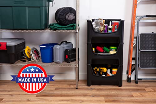 Mighty Tuff Jumbo Stackable Storage Bins, Pack of 3, Easy-Access Storage, Large Easy-to-Grip Handles, Wide Front Opening, Interlocking, Stack Vertically, Black - size: Jumbo