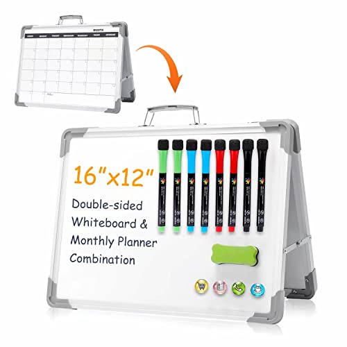 Dry Erase Board 16x12 Double Sided Magnetic Small Whiteboard with Stand - color: Calendar, size: 16"W x 12"H