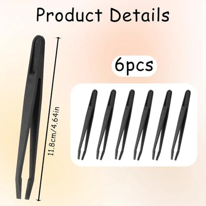 6 PCS Plastic Tweezers for Crafts, 4.7 Inch Slant Flat Tip Anti-Static Tweezers High Precision Industrial Tweezer for Making Repairing Crafts Electronic Tool, Black