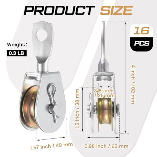 16 Pack Single Pulley Block Wheel 360° Swivel Pulley, 1.5 Inch - size: 1.5 Inch