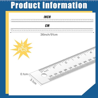 2 Pieces 36 Inch Metal Yard Stick Non-slip Ruler with Cork Backing Stainless Steel Metal Ruler Large Edge Rulers Yard Stick with Inch and Centimeters Drafting Office Tool Prevent Ink Leakage
