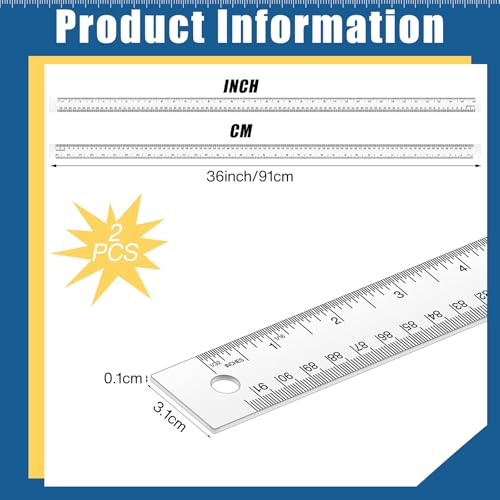 2 Pieces 36 Inch Metal Yard Stick Non-slip Ruler with Cork Backing Stainless Steel Metal Ruler Large Edge Rulers Yard Stick with Inch and Centimeters Drafting Office Tool Prevent Ink Leakage