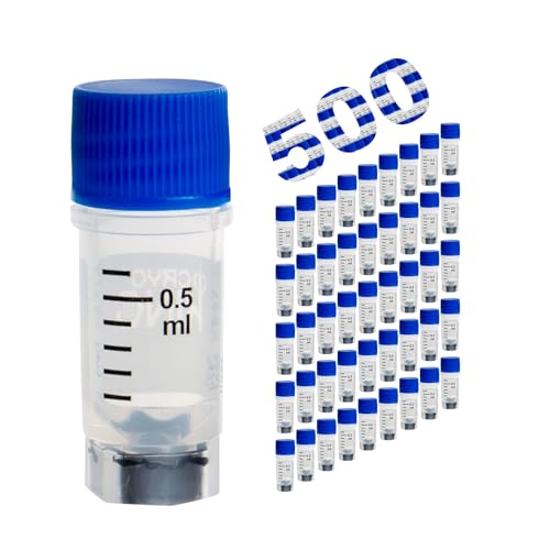 Multi-Coded Cryovials, 0.5ml Cryotubes, 500 Pcs Sample Vials, Sterilisation Tubes with Blue Caps, Polypropylene Lab Vials for Low Temperature Storage from -196°C to 121°C - color: Blue, size: 0.5ml