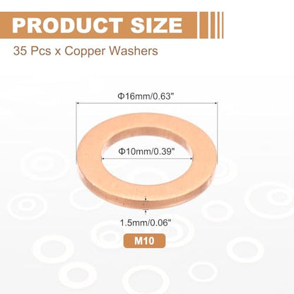 PATIKIL 35PCS M10 Copper Washers, M10x16x1.5mm Copper Crush Washer Metric Flat Washers Sealing Washers Assortment Kit Oil Drain Plug Gasket Ring for Automotive Battery Vehicles Screws Bolt - size: M10x16x1.5mm