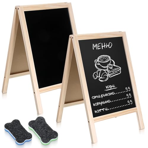 2 Pcs Small Chalkboard Easel, 15.7 x 9.8 Inch Chalkboard Signs Double Sided Chalkboards with 2 Erasers Tabletop Menu Wooden Board for Tabletop Bar Wedding Restaurant Home Decor - color: Black