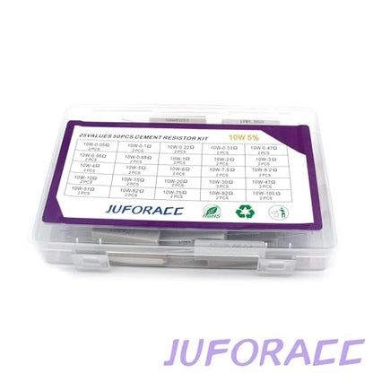 50PCS Ceramic Cement Resistor Kit 10W 25 Values 0.05 Ohm to 100 Ohm Ω ±5% Tolerance Wirewound Induction