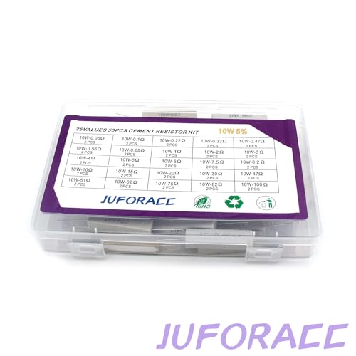 50PCS Ceramic Cement Resistor Kit 10W 25 Values 0.05 Ohm to 100 Ohm Ω ±5% Tolerance Wirewound Induction