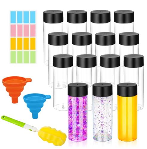 DI QIU REN 16 Pack Clear Plastic Bottles Empty Sensory Bottles with Caps – Reusable Juice Bottles Drink Containers Leakproof Water Bottle for Juice Milk (Black Lids, 10 oz / 300 ml) - size: 16 Pack 10 oz/ 300 ml