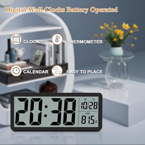 Digital LCD Wall Clock Easy to Set, 8.5 Inch LCD Screen with Time/Date/Temperature Display,Simple Digital Desk Clock with 12/24H for Bedroom Living Room Office Décor - color: Black