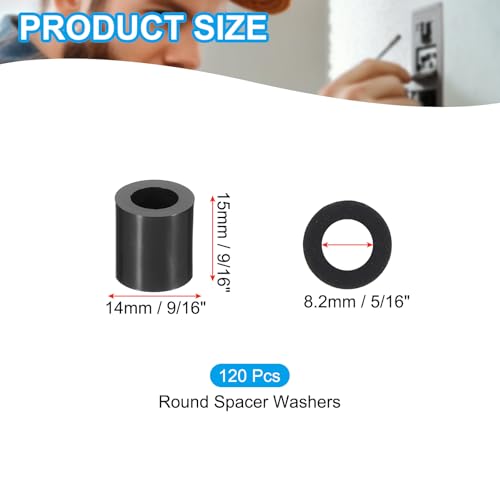 PATIKIL 120Pcs M8 ABS Spacers 5/16" ID x 9/16" OD x 9/16" L Plastic Round Spacer Washers Black Standoff Nut Unthreaded for M8 or 5/16 inch Screws Bolts Electrical Outlet - size: 5/16" ID x 9/16" OD x 9/16" L