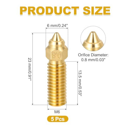 uxcell 5 Pcs 0.8mm Brass Nozzles M6 Thread for K1 3D Printers - size: 0.8mm
