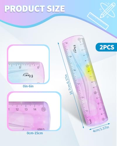 2 Pack Flexible Ruler Set, 6 Inch Bendable Rulers for Kids, Soft Plastic Rulers with Dual-Sided cm/inch Scale, Gradient Color Flex Ruler for School, Home, Office - color: 6 Inch Colorful
