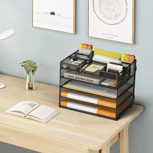 5 Tier Paper Letter Tray Desk Organizer with Pen Holders - Black - color: 5 Tier-Black, size: 12.5" x 9.1" x 10.3"