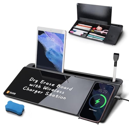 SELEAD Desktop Glass Whiteboard with Wireless Charger and Storage, Black - color: Black, size: 16"x7"