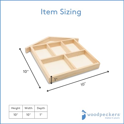 DIY House Shaped Shadow Box 10-inch, Pack of 5, 6-Section Wooden Divided Serving Tray for Crafts & Candy/Food Party Tray, by Woodpeckers - size: 10" x 10" House Shape
