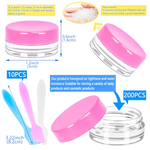 200 Pcs 3g Empty Plastic Containers with Lids,Tiny Makeup Sample Containers Small Pot Jars Clear Round Cosmetic Jars with Mini Spatulas for Lotion Liquid Sample Powder Creams (Pink Lid) - color: Pink, size: 200PCS
