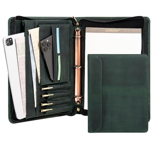 AZXCG Genuine Leather Portfolio Binder for Men& Women,Portfolio Organizer with Zipper,Leather 3 Ring Binder for iPad Pro 12.9,Business Portfolio for Men,Gift for Father,Husband,Boss - color: Green, size: Non-Custom