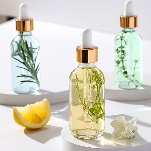 AOZITA Set of 4, 2 oz Golden Cap Clear Dropper Bottles (60ml) with 1 Funnel & 4 Labels - Glass Tincture Bottles for Essential Oils with Eye Droppers - Leak Proof Travel Bottles for Liquids - color: Clear with Eye Droppers