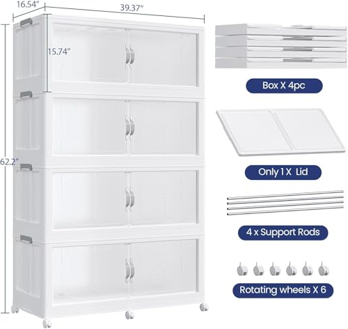 1280QT Extra Large Stackable Storage Bins with Lid, 320Gal Plastic Closet Organizers and Storage Drawer, Collapsible Cabinet Box with Wheels Clear Doors for Home Kitchen Garage, 4Pack White - color: White, size: 320QT-4Pack