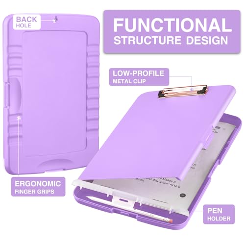 Sooez Clipboard with Storage, High Capacity Nursing Clipboard with Pen Holder, Clip Boards 8.5x11 with Storage, Low-Profile Clip, Lightweight Plastic Clipboard for Teachers, Lawers, Office Workers - color: Light Purple With Rose Gold Clip