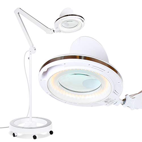 Brightech LightView Pro Magnifying Glass with Light and Stand, Magnifying Floor Lamp with a 6-Wheel Rolling Base for Facials, Lash Estheticians, Dimmable LED Work Light for Sewing, Crafts - color: White, size: 5 Diopter (2.25x)